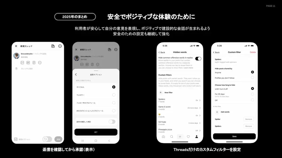 Threadsの安全機能(返信承認、カスタムフィルター)の紹介スライド。