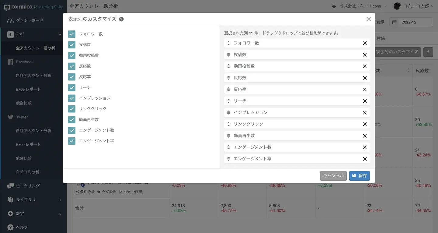 [表示列のカスタマイズ] ボタンをクリックすると、表示させる指標を設定できます。