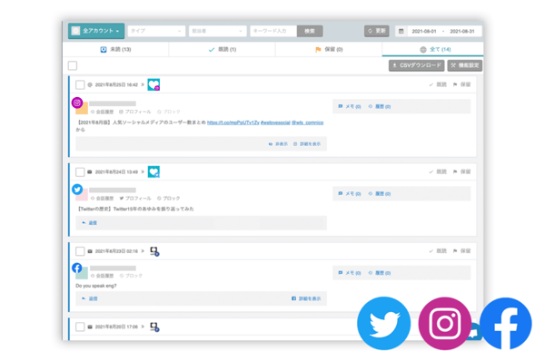登録している全アカウントへの反応を一覧化している画像