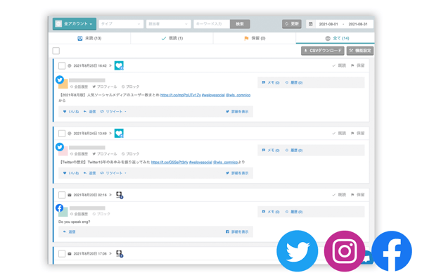 登録している全アカウントへの反応を一覧化している画像