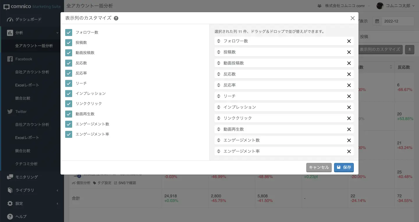 [表示列のカスタマイズ] ボタンをクリックすると、表示させる指標を設定できます。